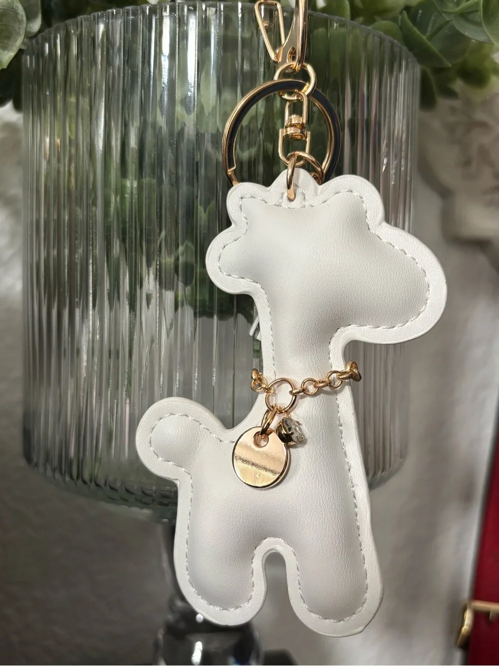 White Giraffe Faux Leather Bag Charm / Keychain with Gold Hardware &Tassel